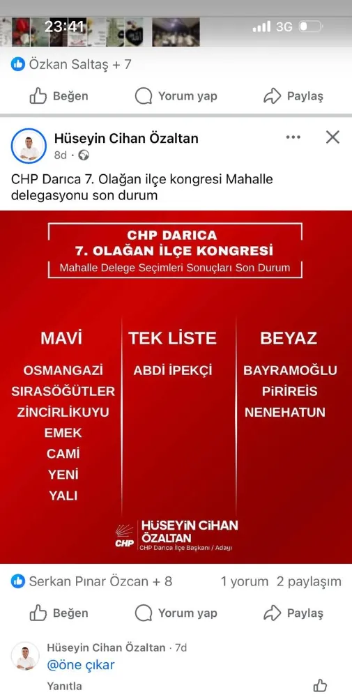 CHP Darıca İlçe başkanı Hüseyin Cihan Özaltandan gerçek olmayan paylaşım. 